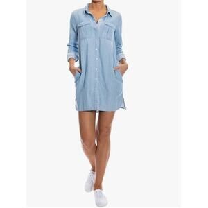 New OAT NEW YORK Women's Azure Blue Pockets Button Front Shirt Dress Size M
